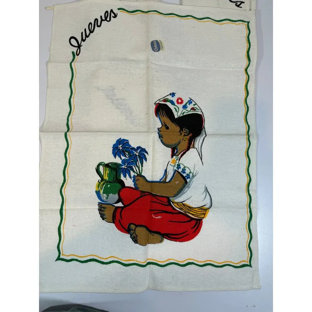 Vintage MCM Spanish Print Cotesa Tea Towels days of the week NO DOMINGO